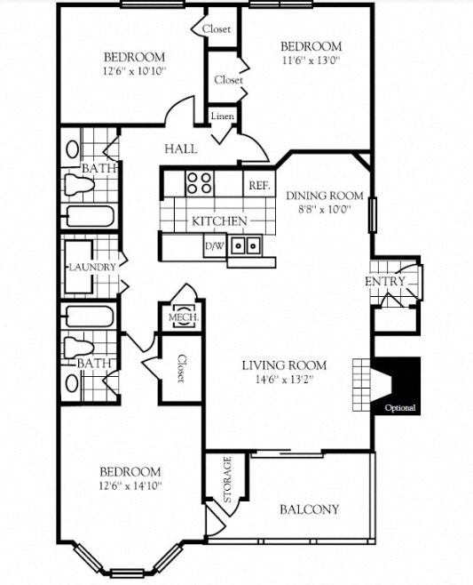 Floor plan for 3 beds, 2 baths, 1280 sqft
